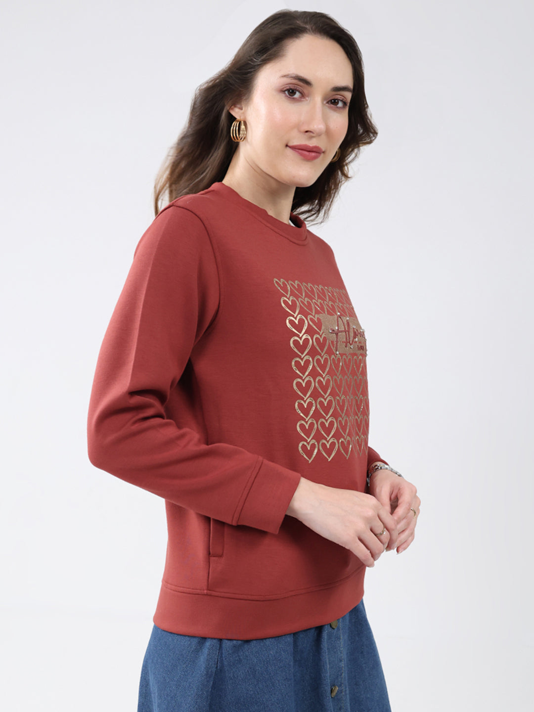 Women Rust Printed Round Neck Full Sleeve Sweatshirt