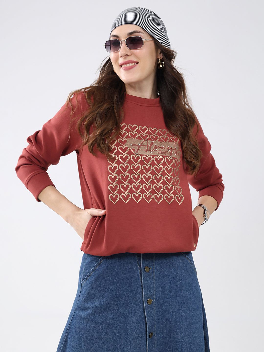 Women Rust Printed Round Neck Full Sleeve Sweatshirt