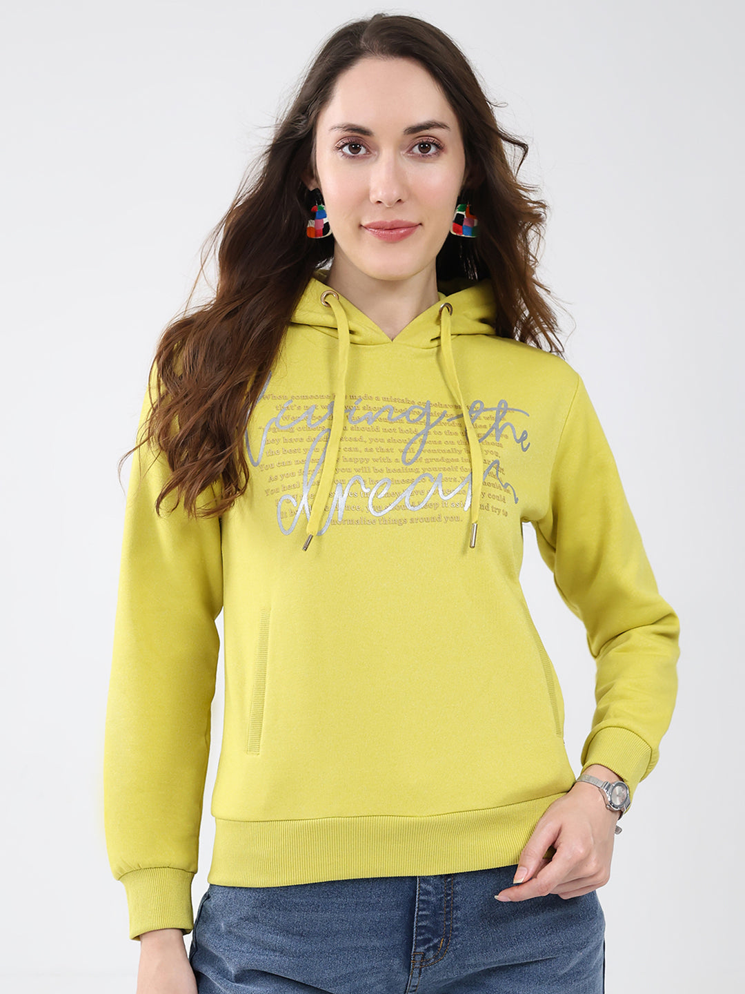 Women Mustard Printed Hooded Full Sleeve Sweatshirt