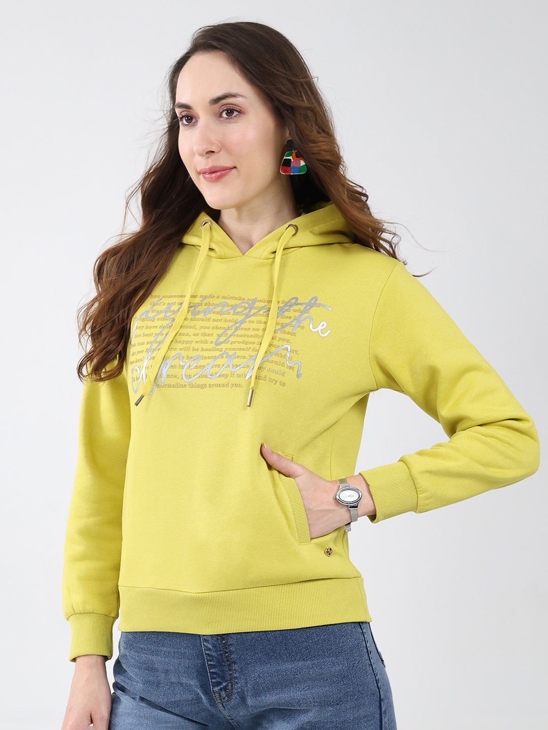 Women Mustard Printed Hooded Full Sleeve Sweatshirt