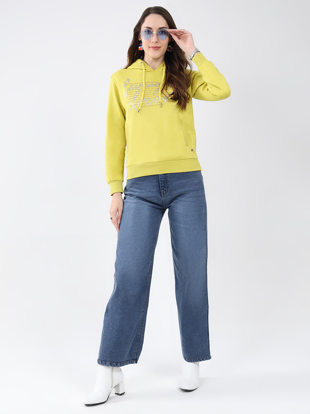 Women Mustard Printed Hooded Full Sleeve Sweatshirt