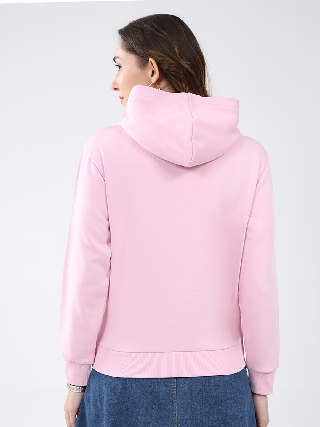 Women Pink Printed Hooded Full Sleeve Sweatshirt