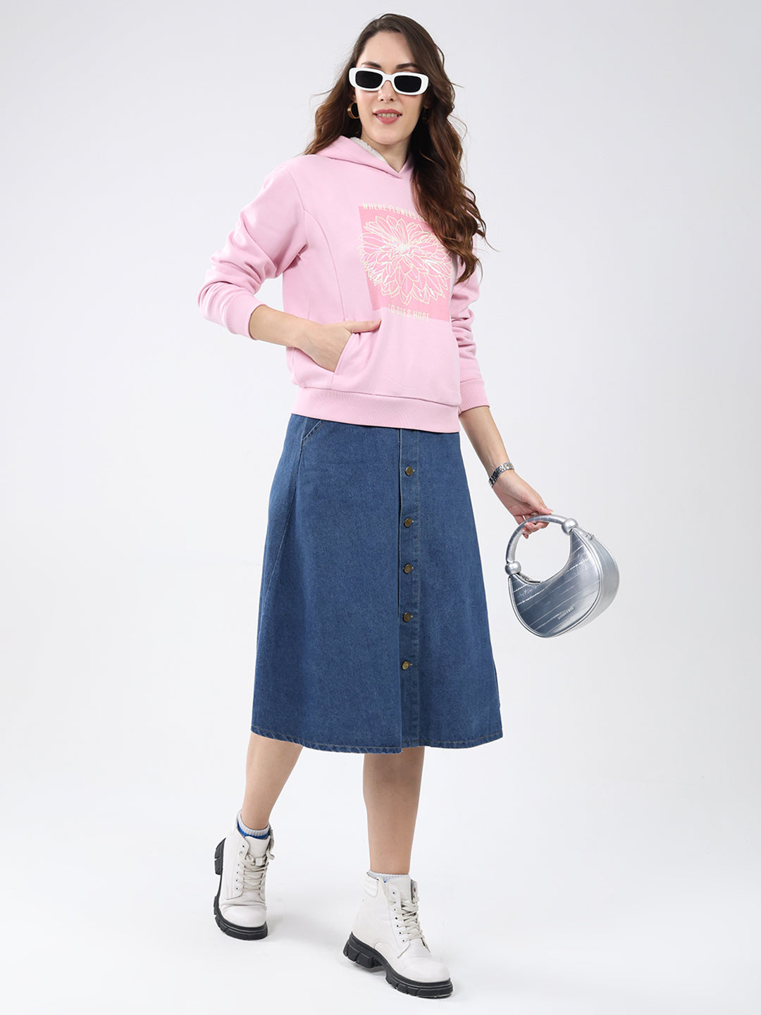 Women Pink Printed Hooded Full Sleeve Sweatshirt