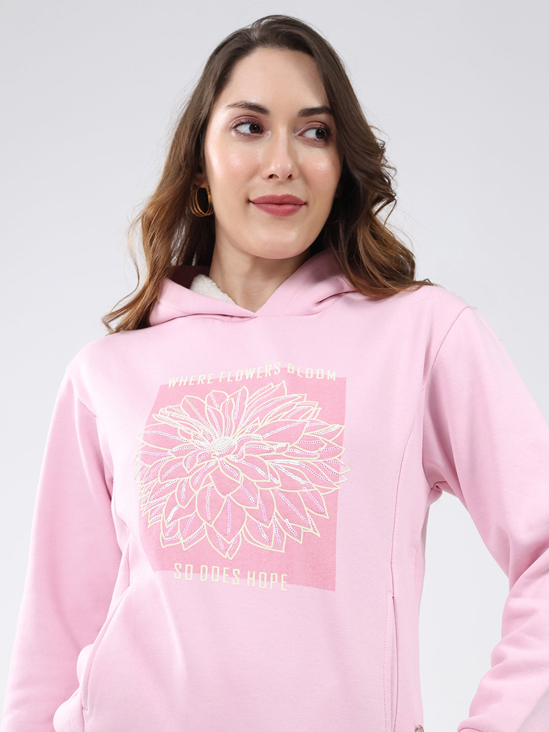Women Pink Printed Hooded Full Sleeve Sweatshirt