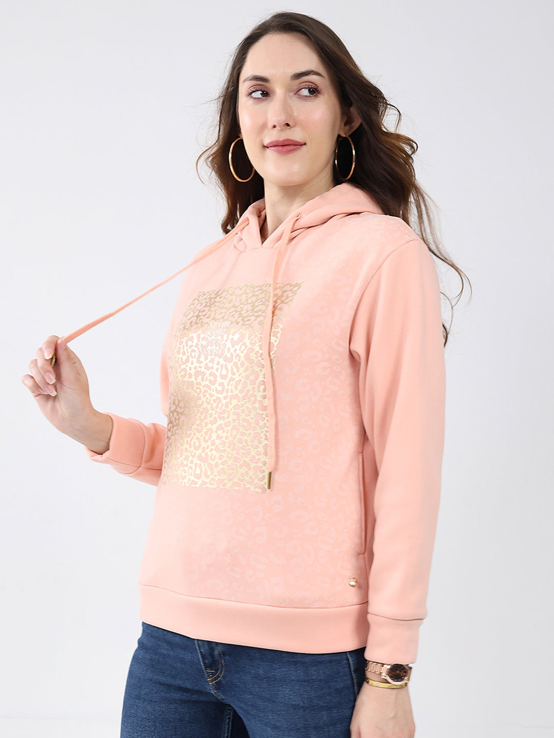 Women Peach Printed Hooded Full Sleeve Sweatshirt