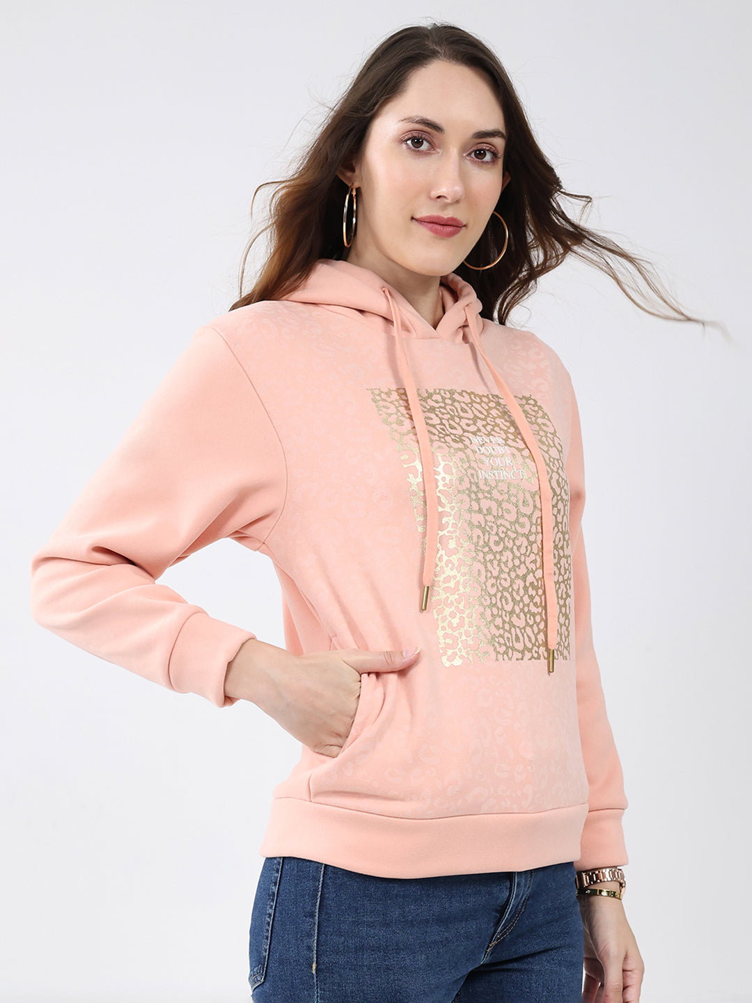 Women Peach Printed Hooded Full Sleeve Sweatshirt