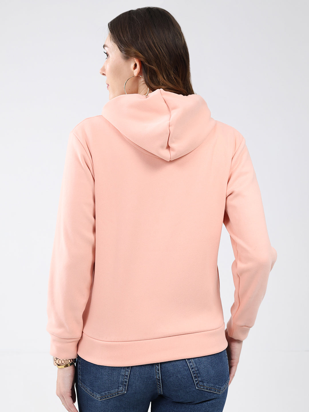 Women Peach Printed Hooded Full Sleeve Sweatshirt