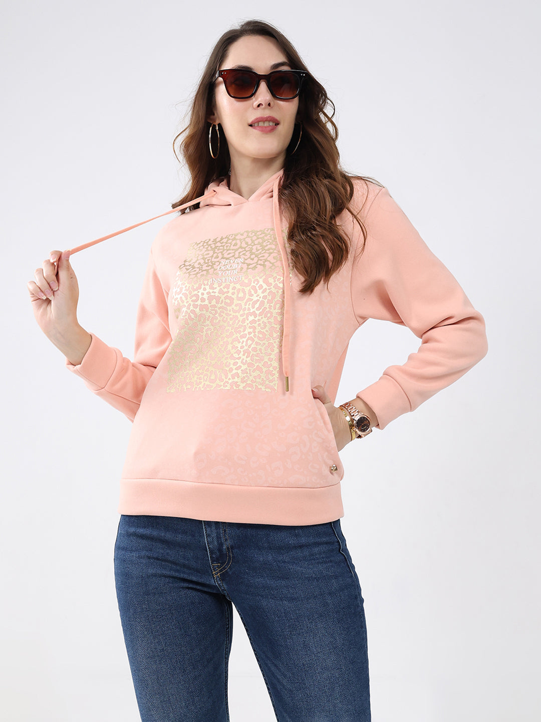 Women Peach Printed Hooded Full Sleeve Sweatshirt