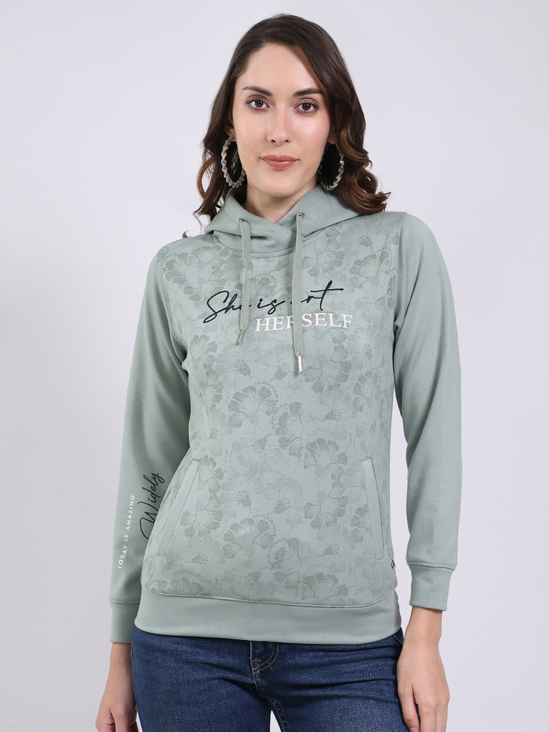 Women Mint Green Printed Hooded Full Sleeve Sweatshirt
