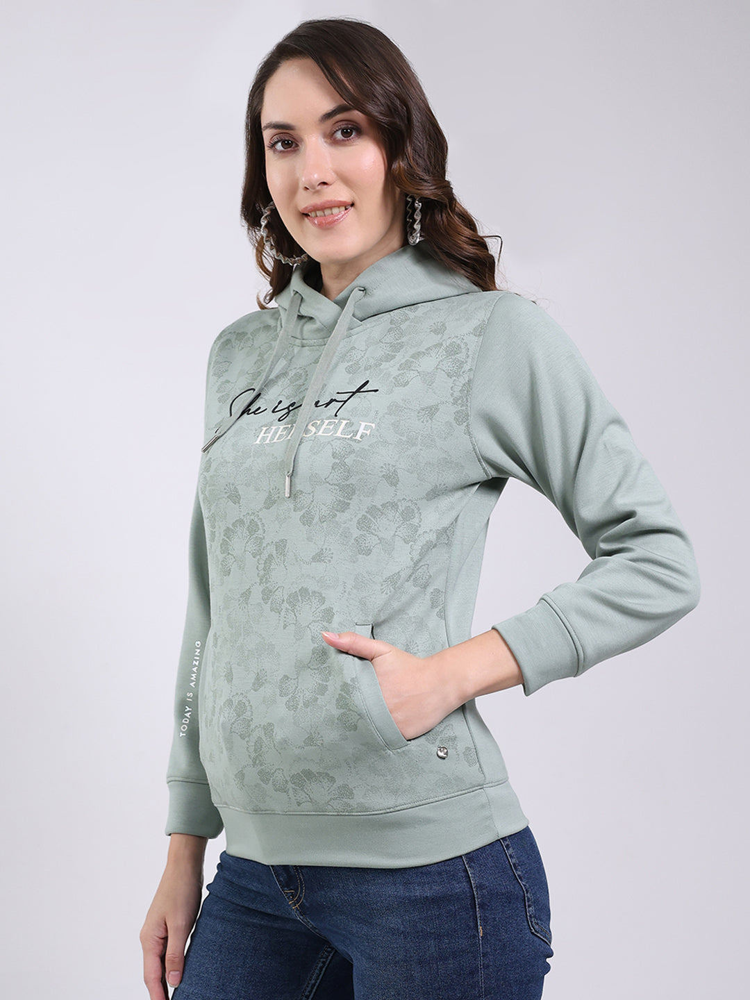 Women Mint Green Printed Hooded Full Sleeve Sweatshirt
