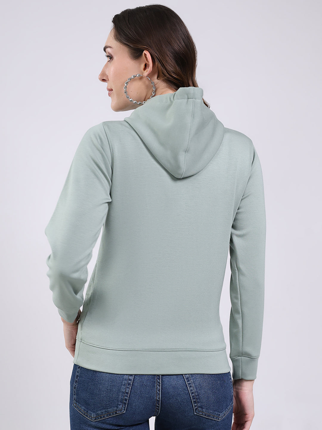 Women Mint Green Printed Hooded Full Sleeve Sweatshirt