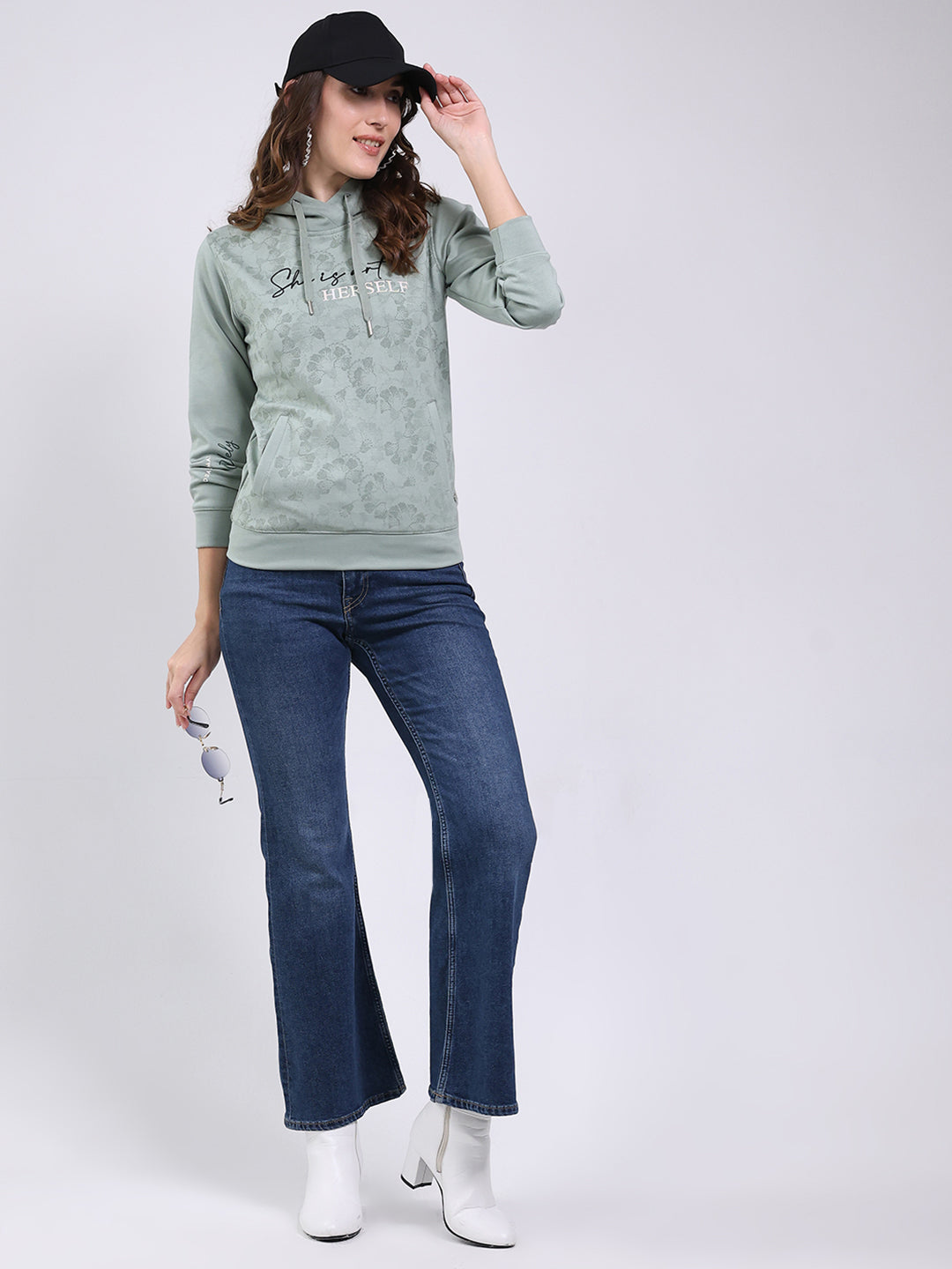 Women Mint Green Printed Hooded Full Sleeve Sweatshirt