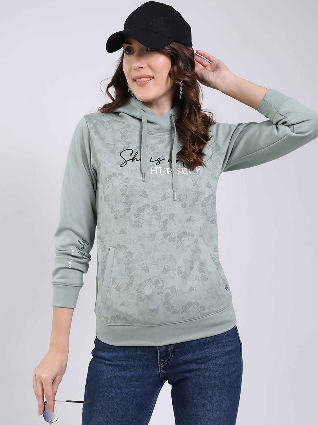 Women Mint Green Printed Hooded Full Sleeve Sweatshirt
