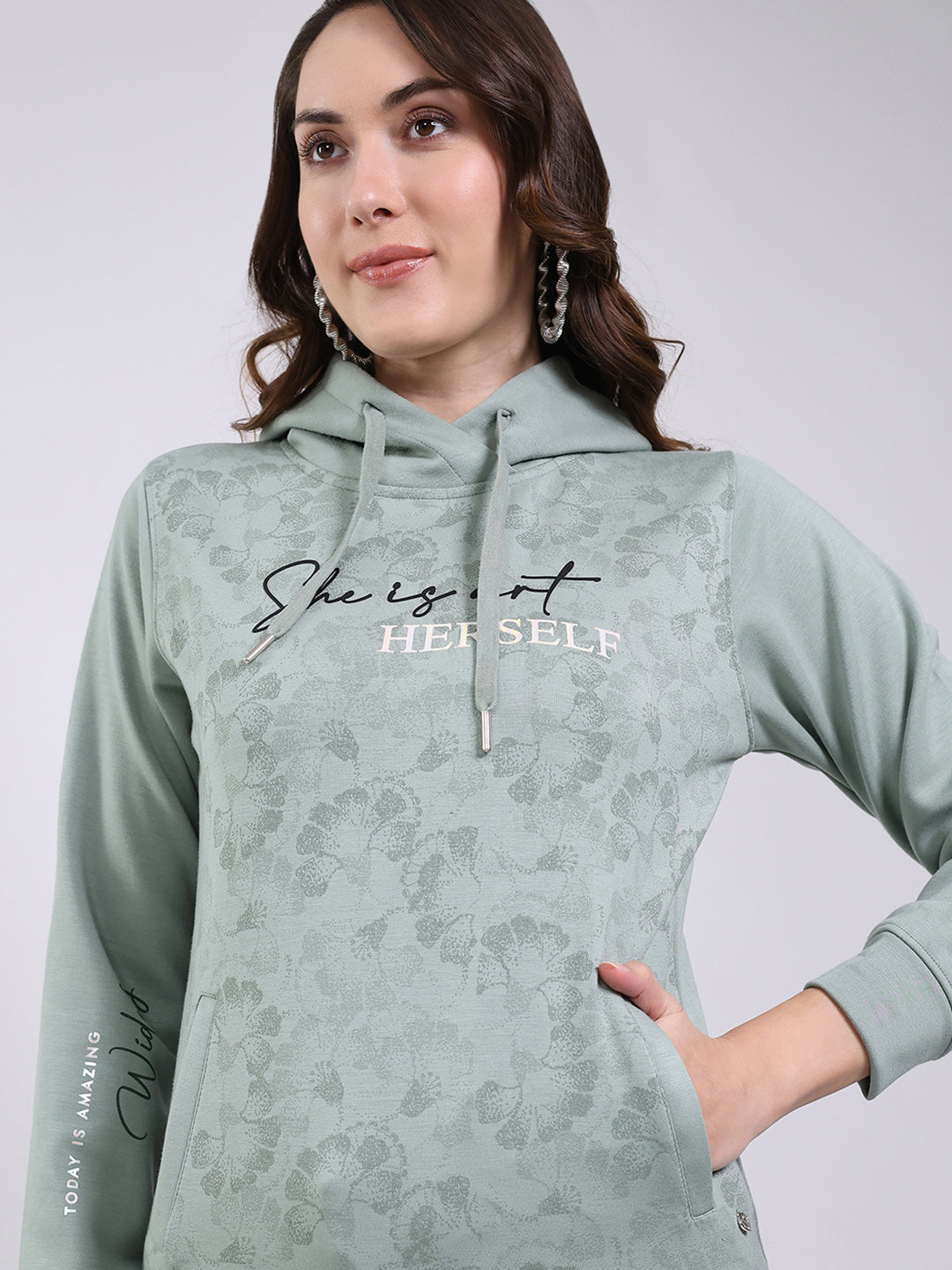 Women Mint Green Printed Hooded Full Sleeve Sweatshirt