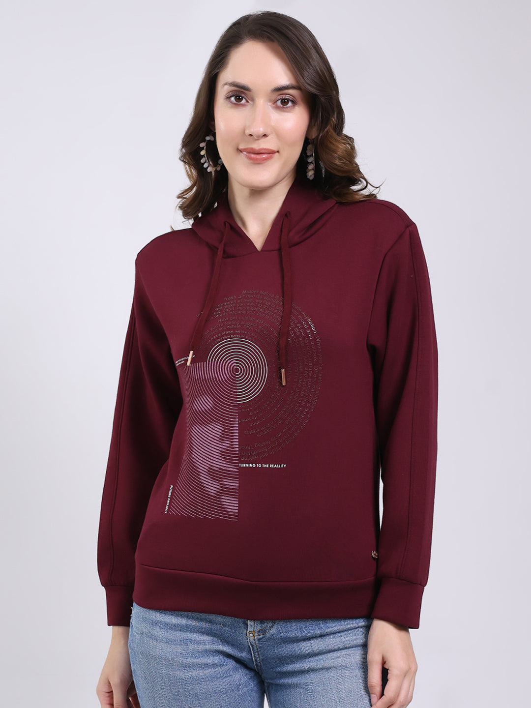 Women Maroon Printed Hooded Full Sleeve Sweatshirt