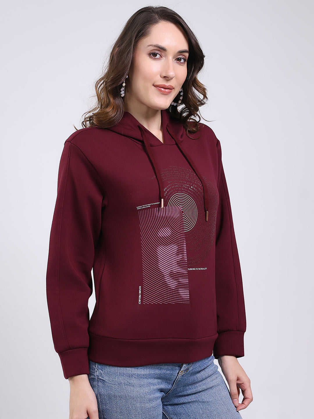 Women Maroon Printed Hooded Full Sleeve Sweatshirt