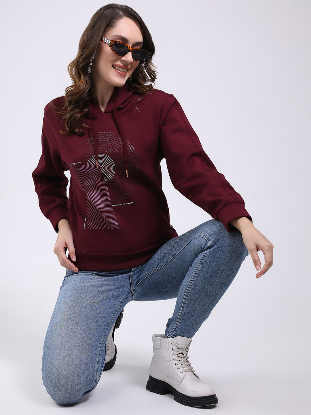 Women Maroon Printed Hooded Full Sleeve Sweatshirt