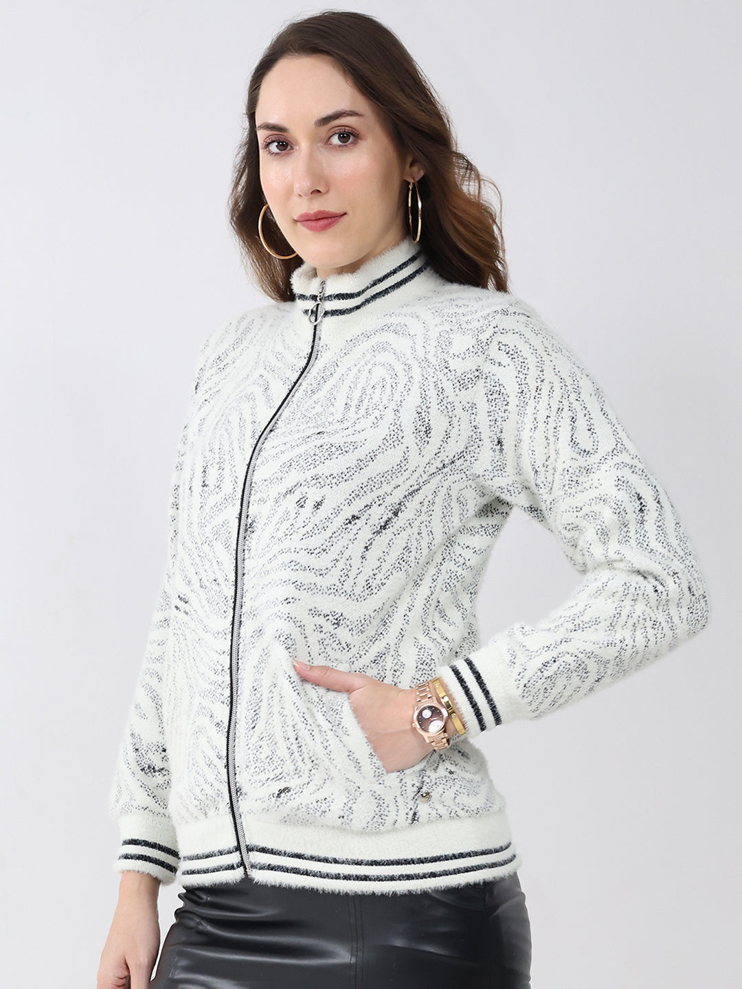 Women White Self Design Mock Neck Full Sleeve Sweatshirt