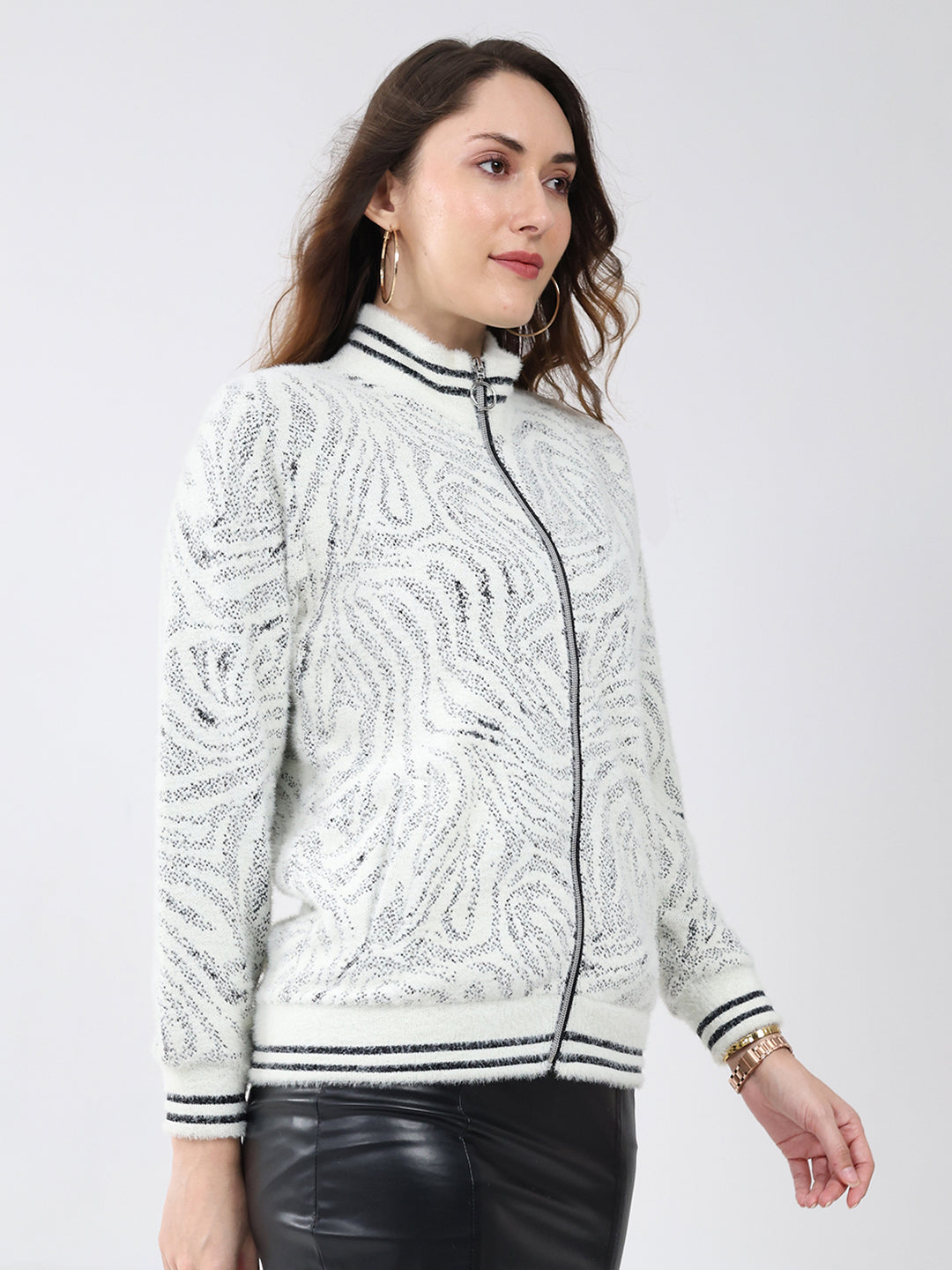 Women White Self Design Mock Neck Full Sleeve Sweatshirt