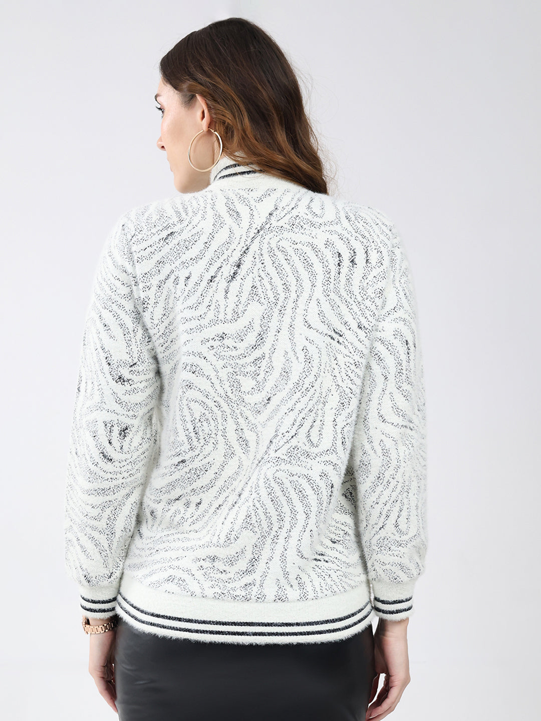 Women White Self Design Mock Neck Full Sleeve Sweatshirt