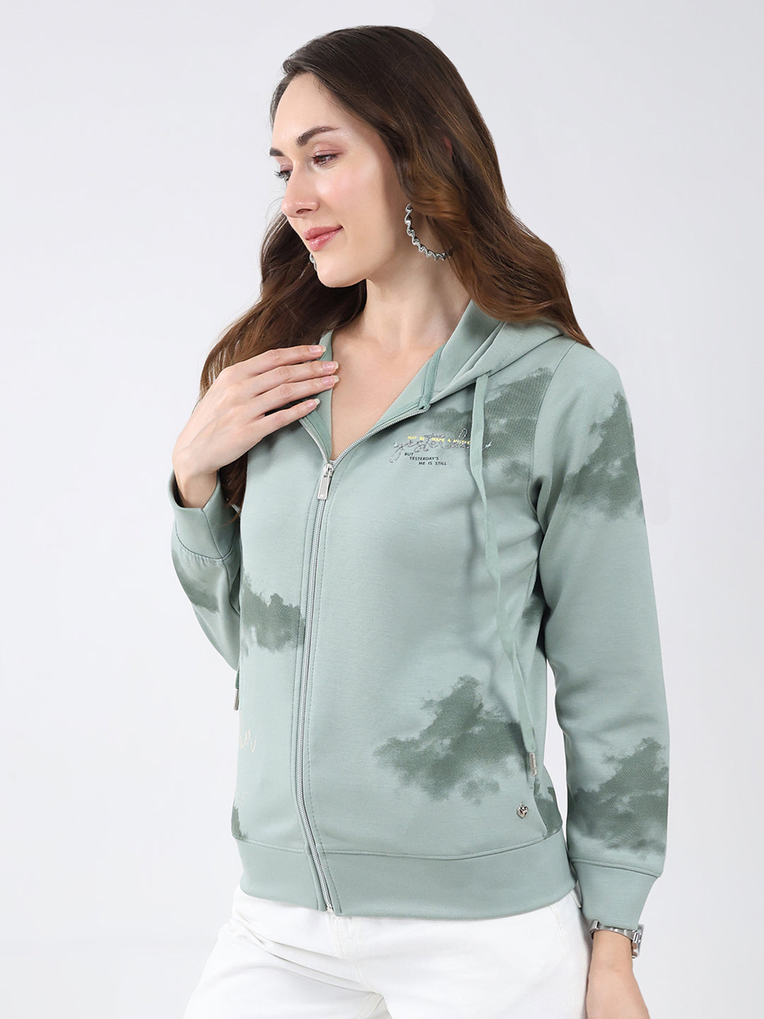 Women Green Printed Hooded Full Sleeve Sweatshirt