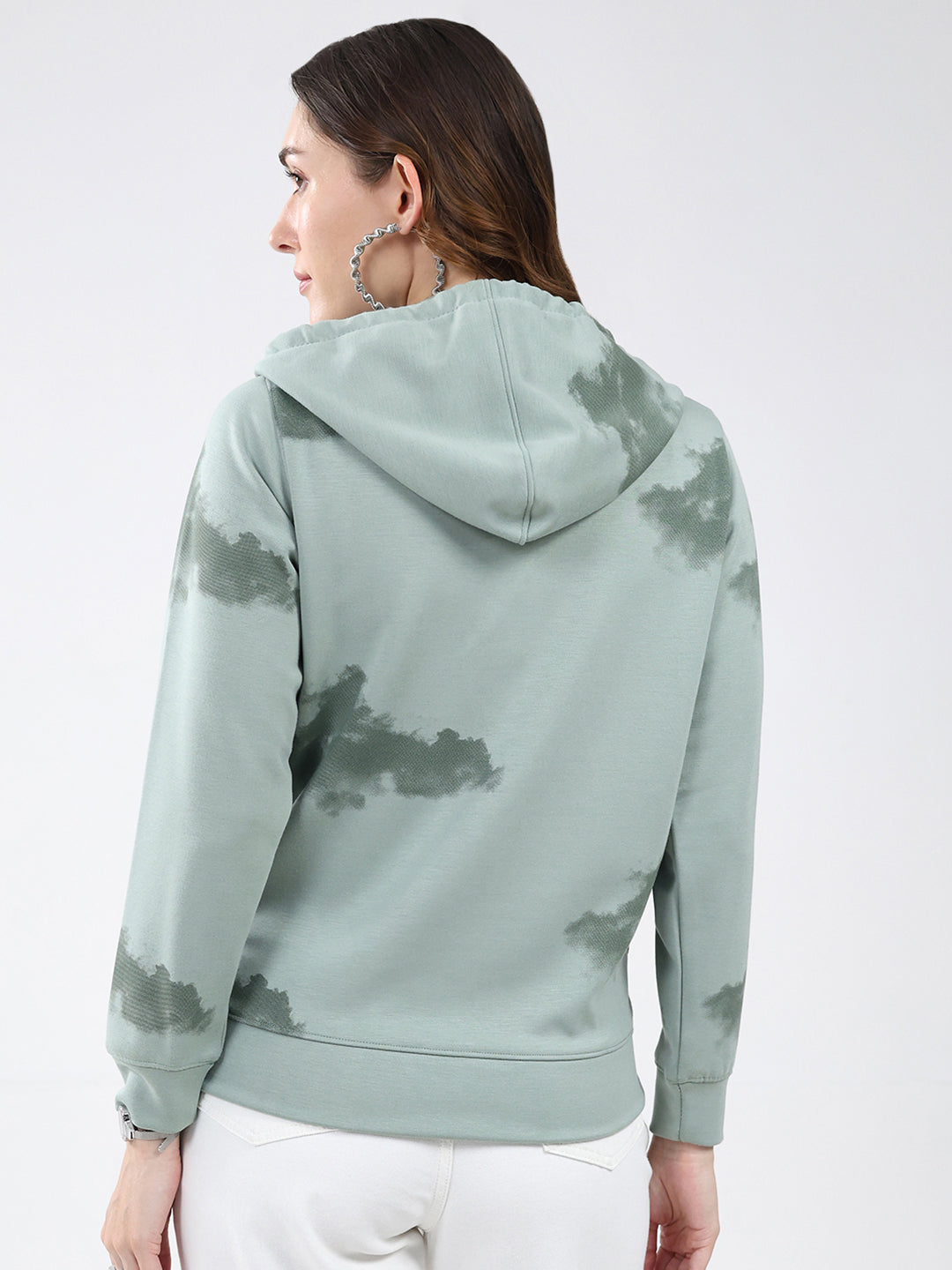 Women Green Printed Hooded Full Sleeve Sweatshirt