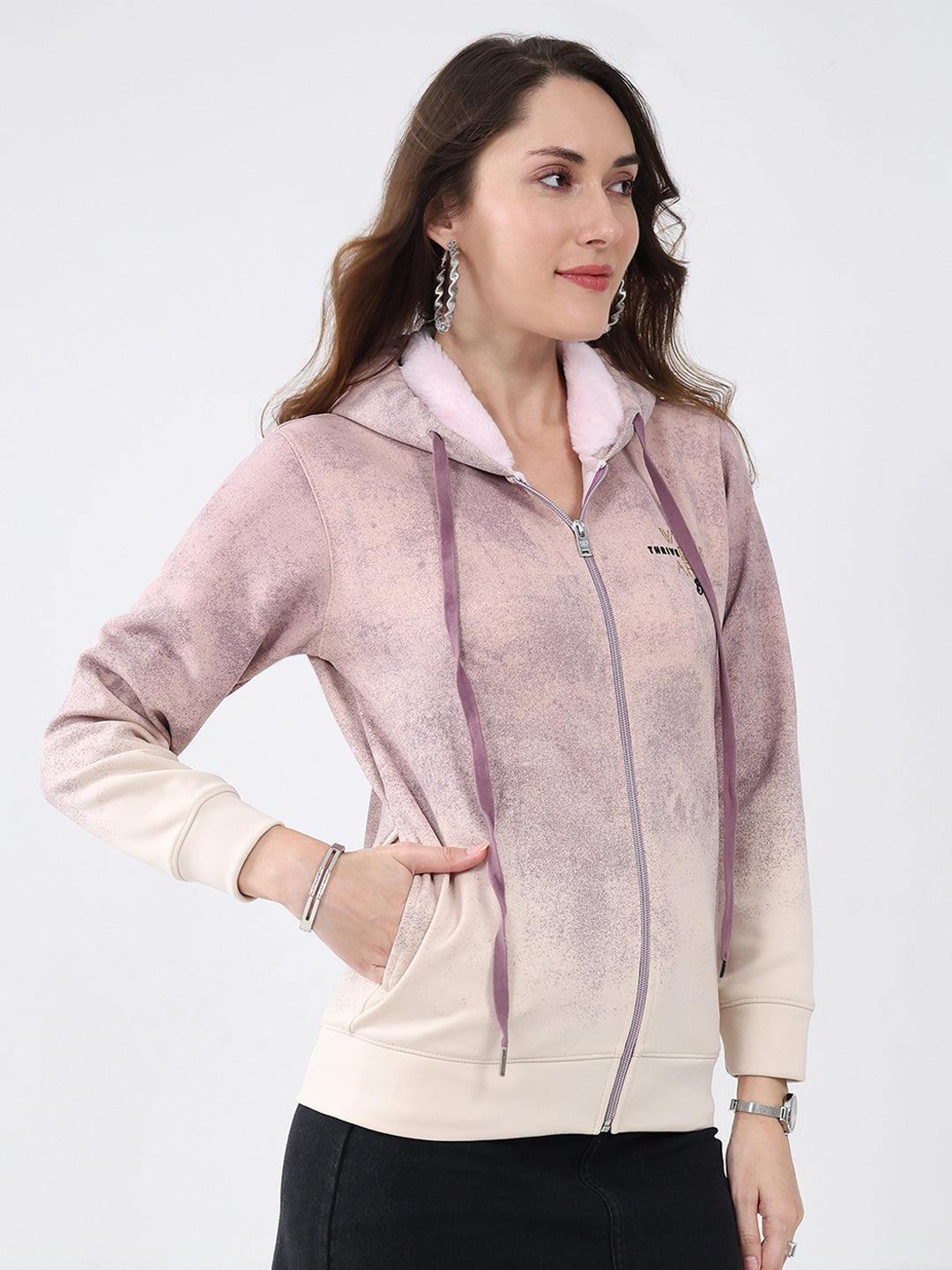Women Cream Printed Hooded Full Sleeve Sweatshirt