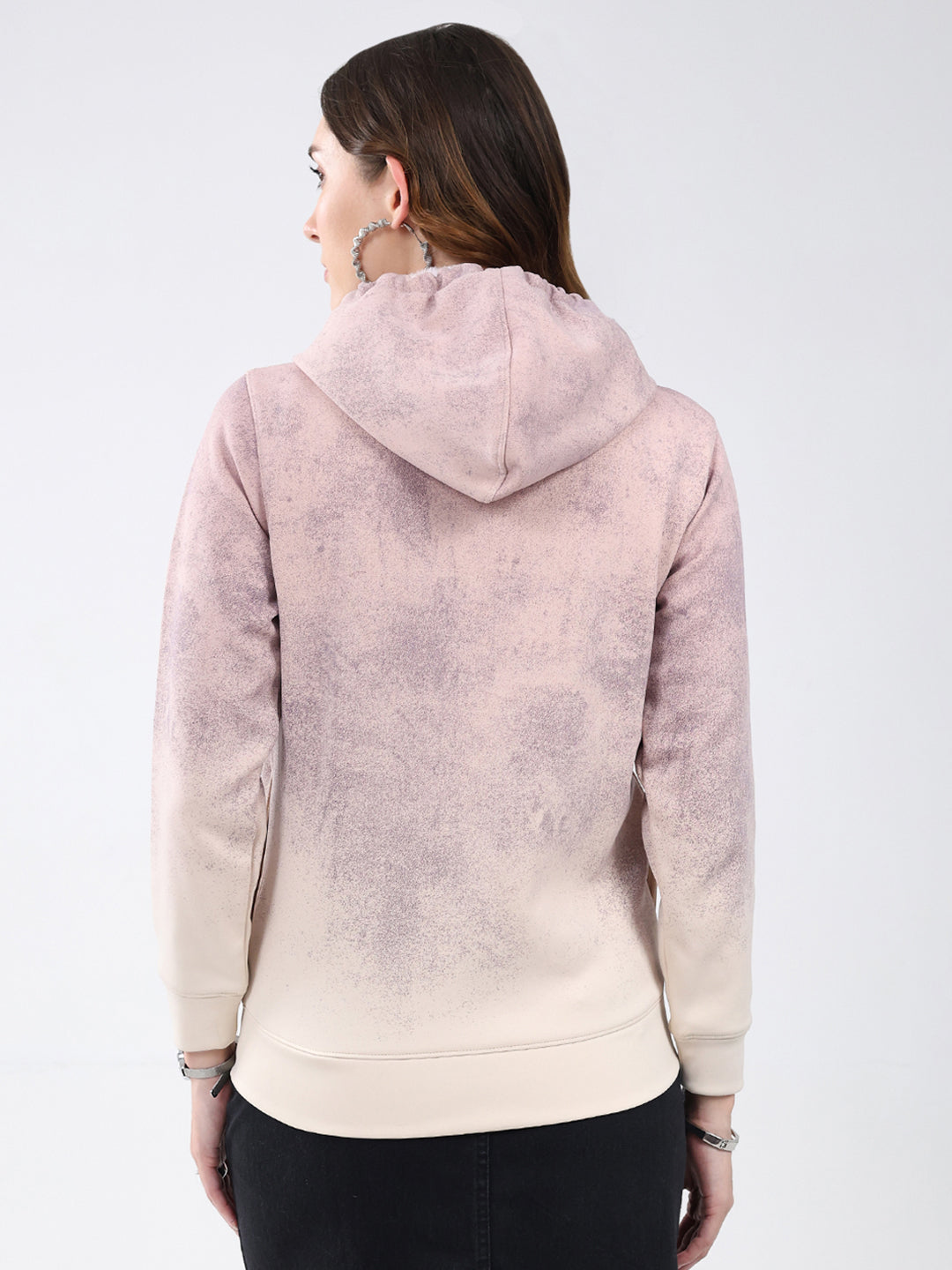 Women Cream Printed Hooded Full Sleeve Sweatshirt