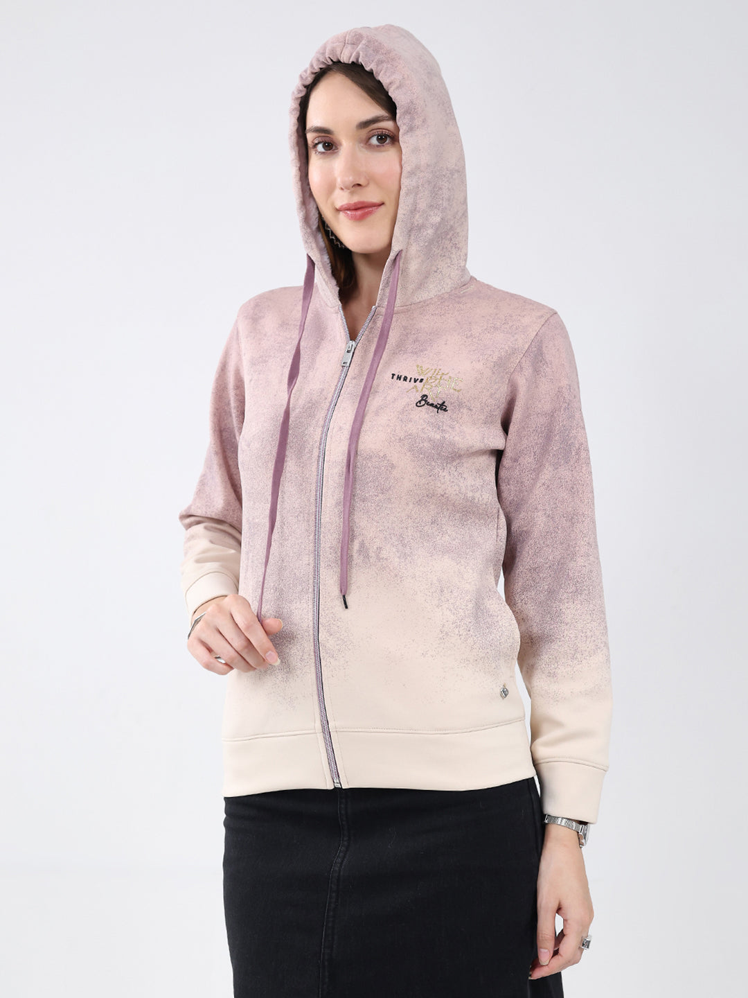 Women Cream Printed Hooded Full Sleeve Sweatshirt