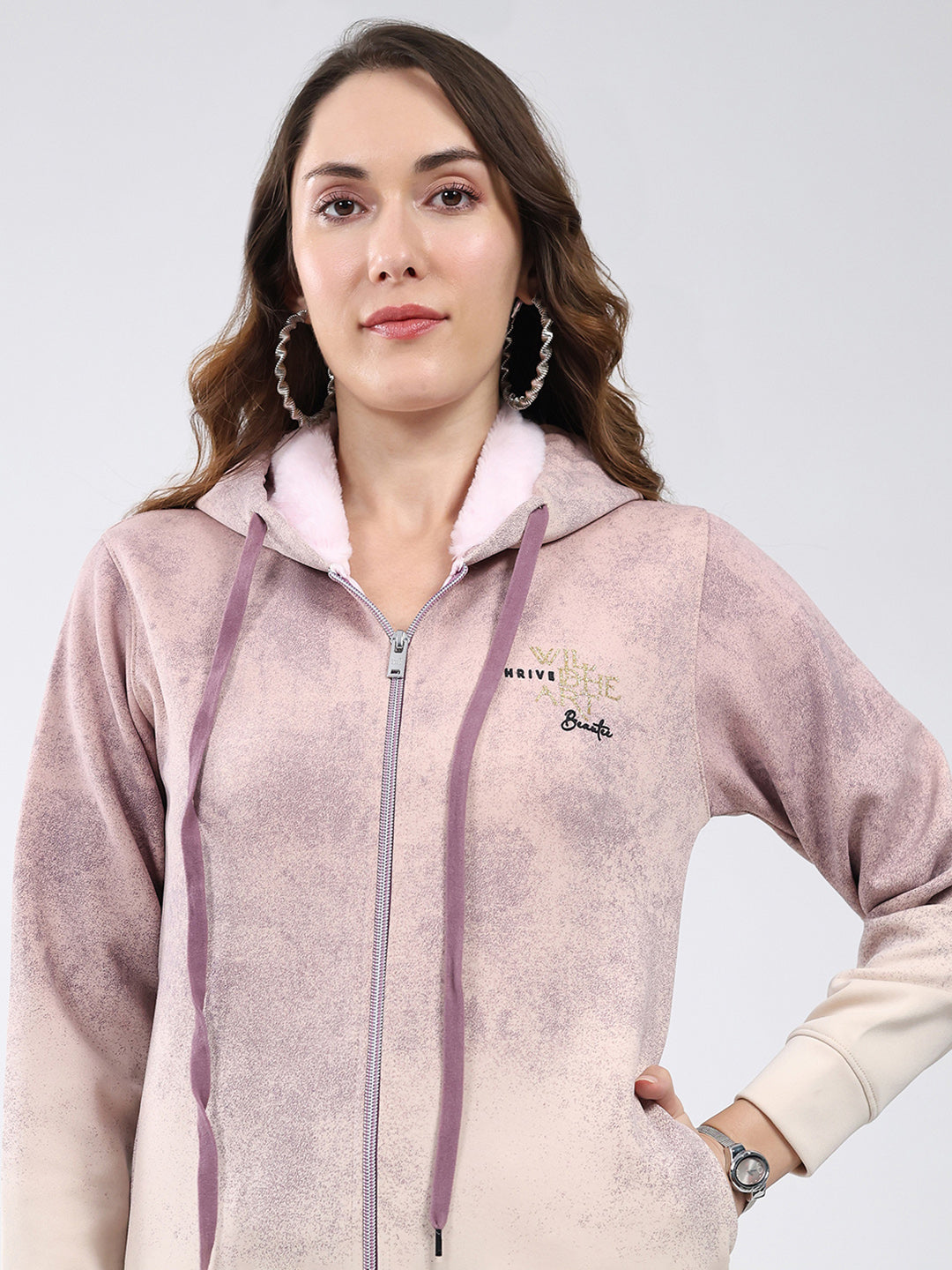 Women Cream Printed Hooded Full Sleeve Sweatshirt