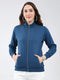 Women Blue Solid Mock Neck Full Sleeve Sweatshirt