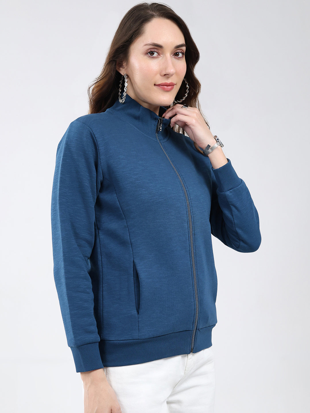 Women Blue Solid Mock Neck Full Sleeve Sweatshirt