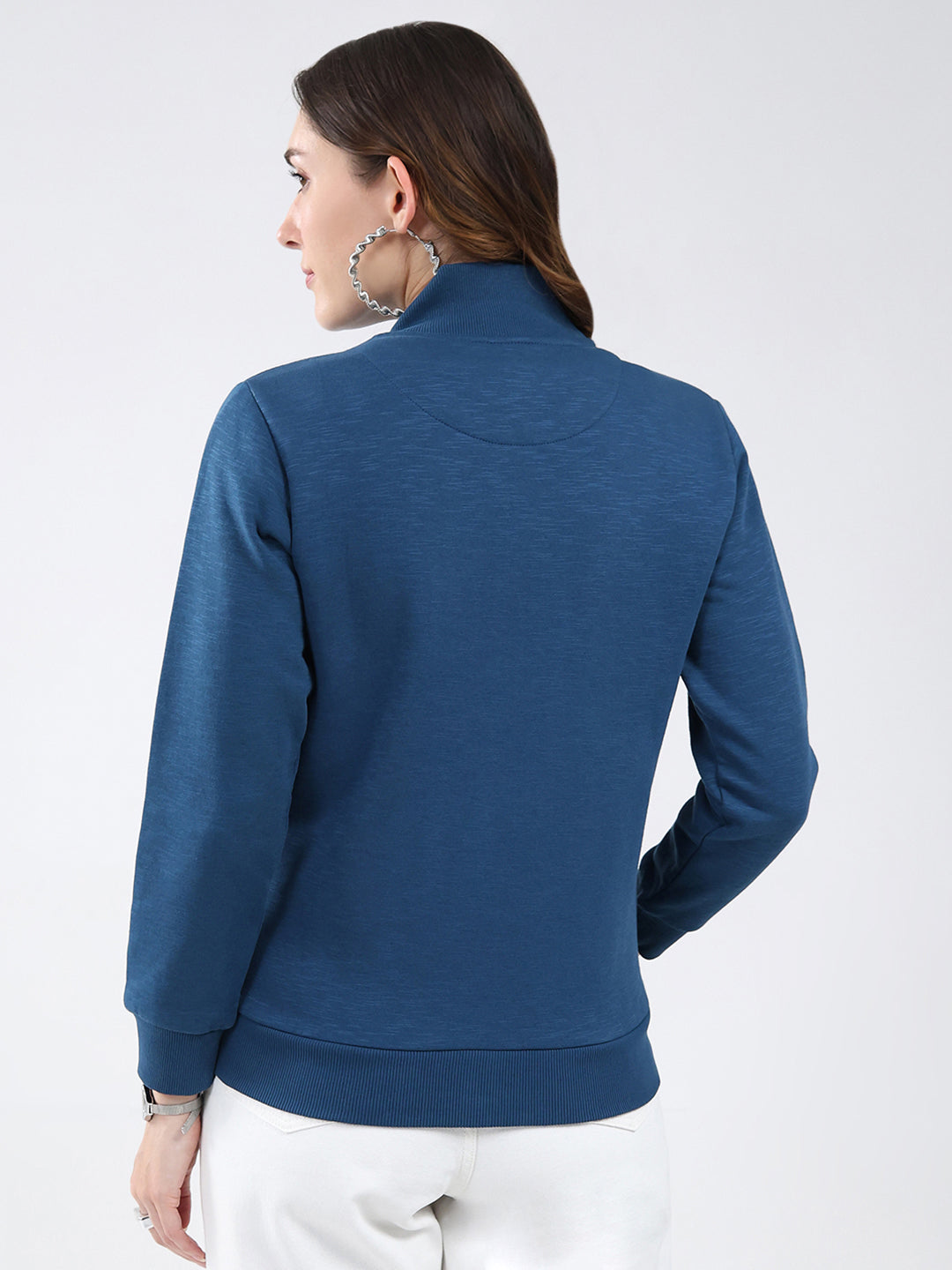Women Blue Solid Mock Neck Full Sleeve Sweatshirt
