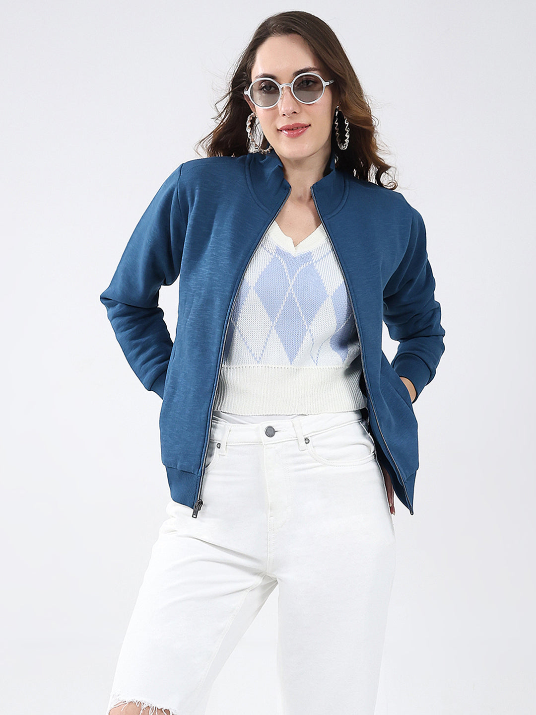 Women Blue Solid Mock Neck Full Sleeve Sweatshirt