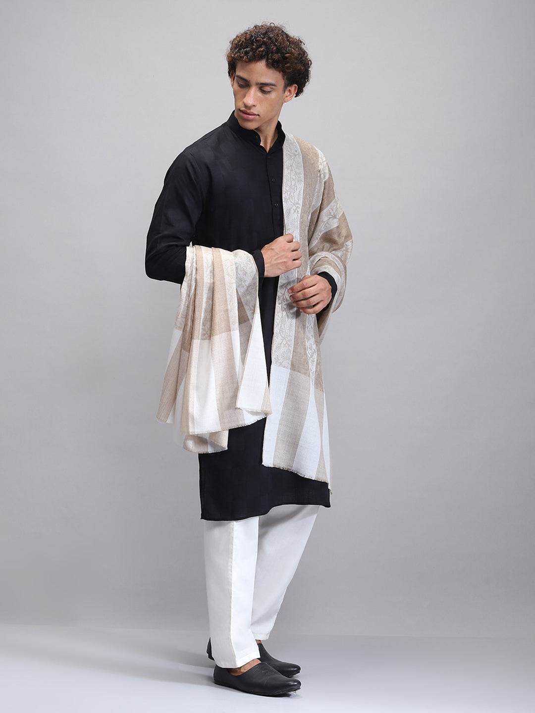 Men Beige Self Design Lohi Shawl