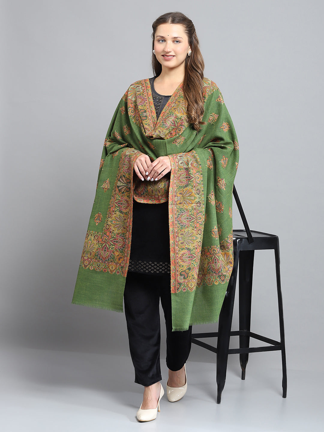 Women Green Self Design Shawl