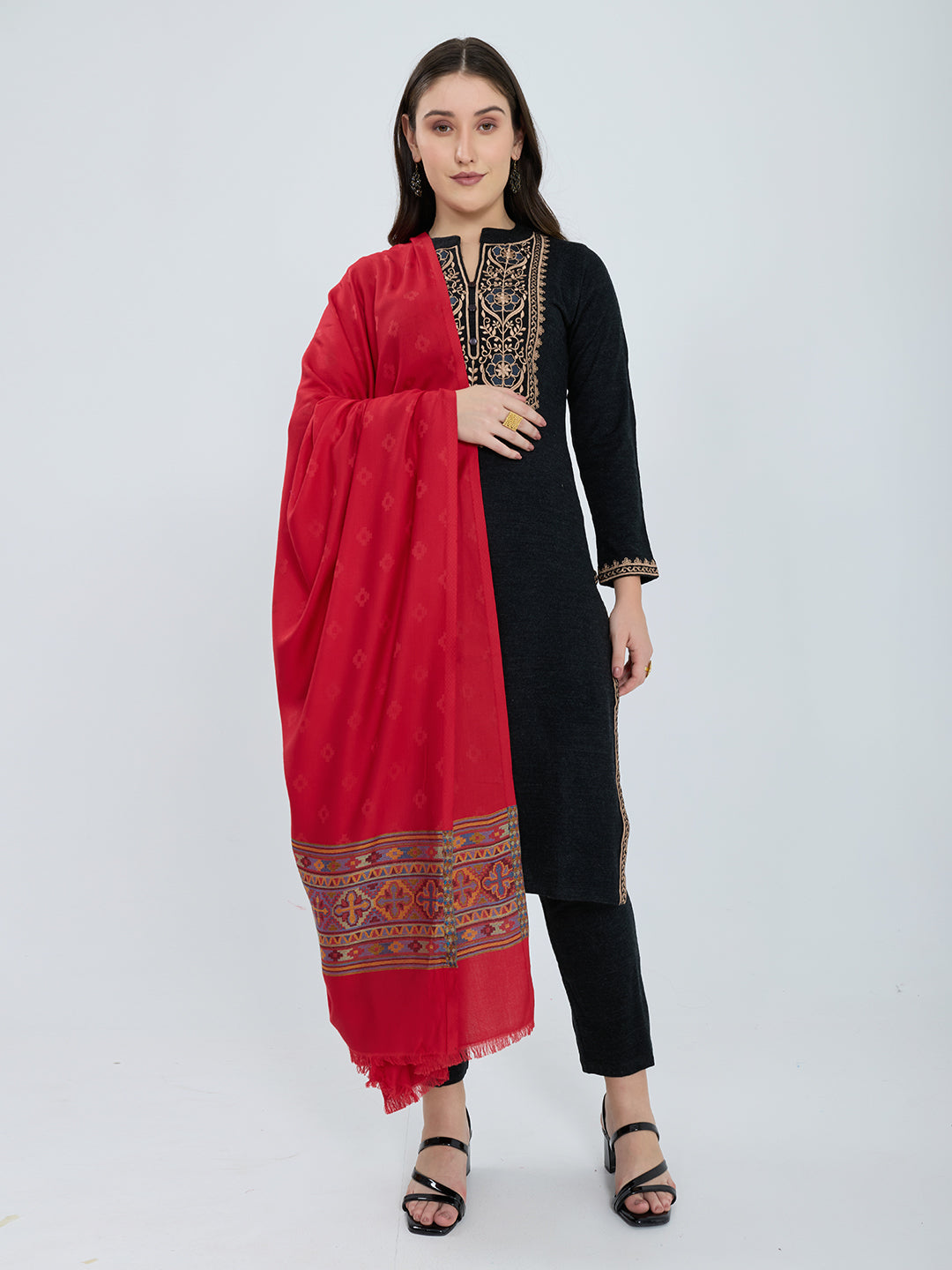 Women Red Jacquard Modal Shawl