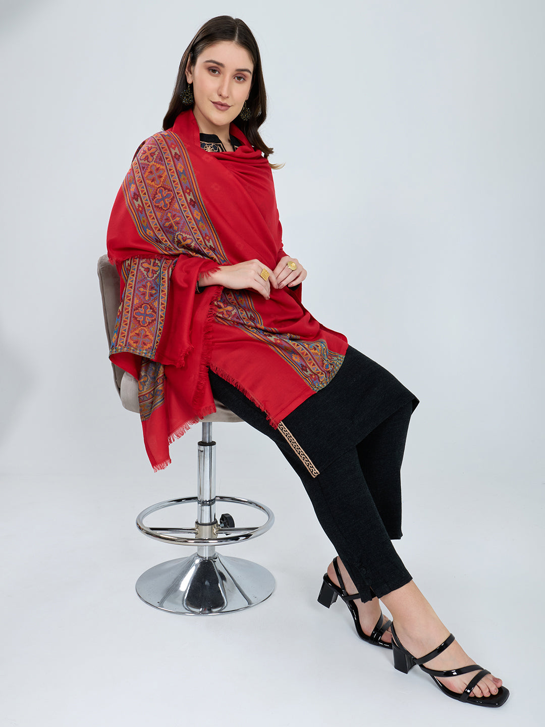 Women Red Jacquard Modal Shawl