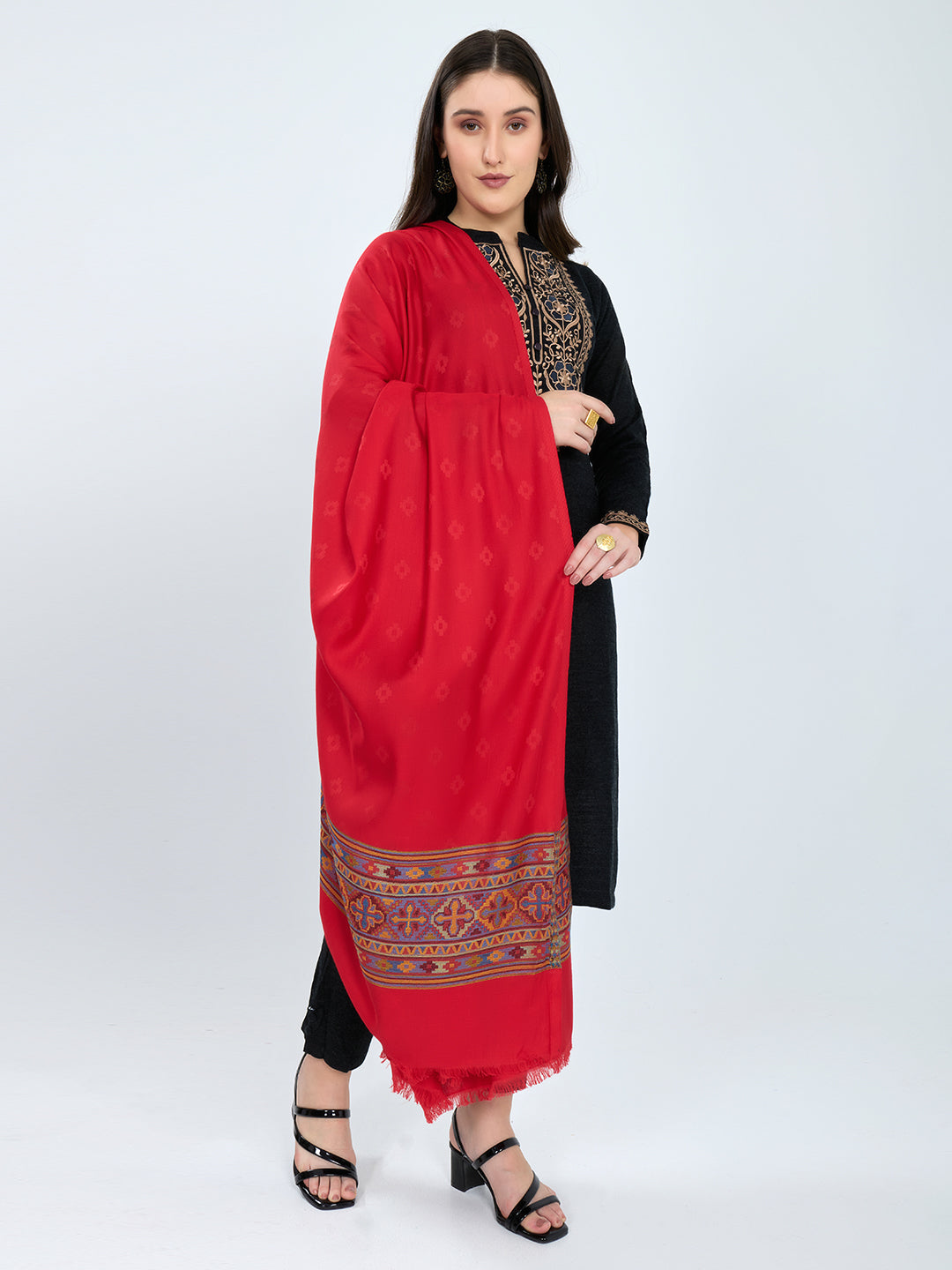 Women Red Jacquard Modal Shawl