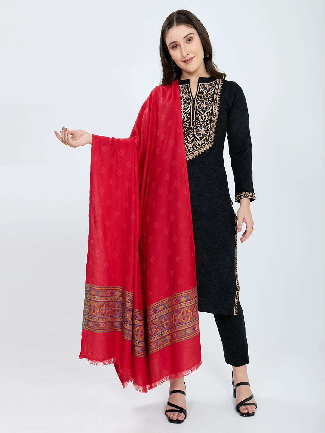 Women Red Jacquard Modal Shawl