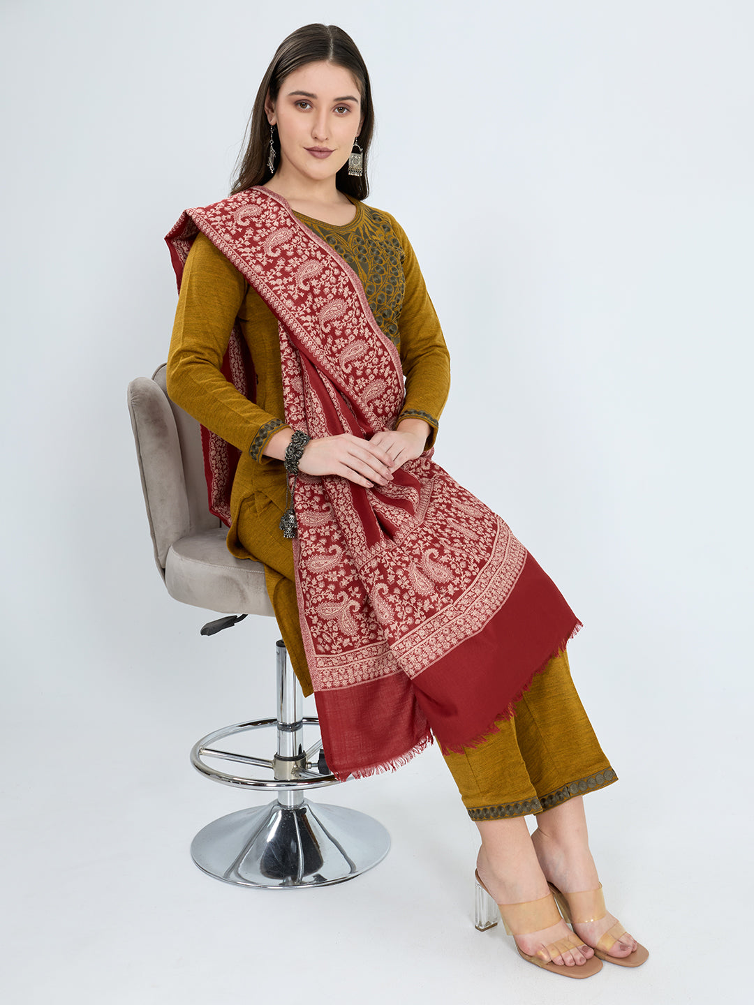 Women Maroon Solid Polyester Shawl