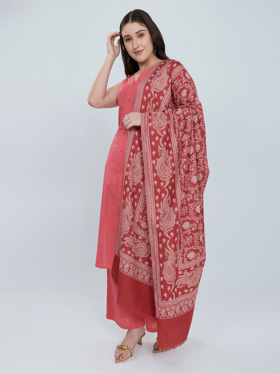 Women Maroon Paisley Print Polyester Shawl