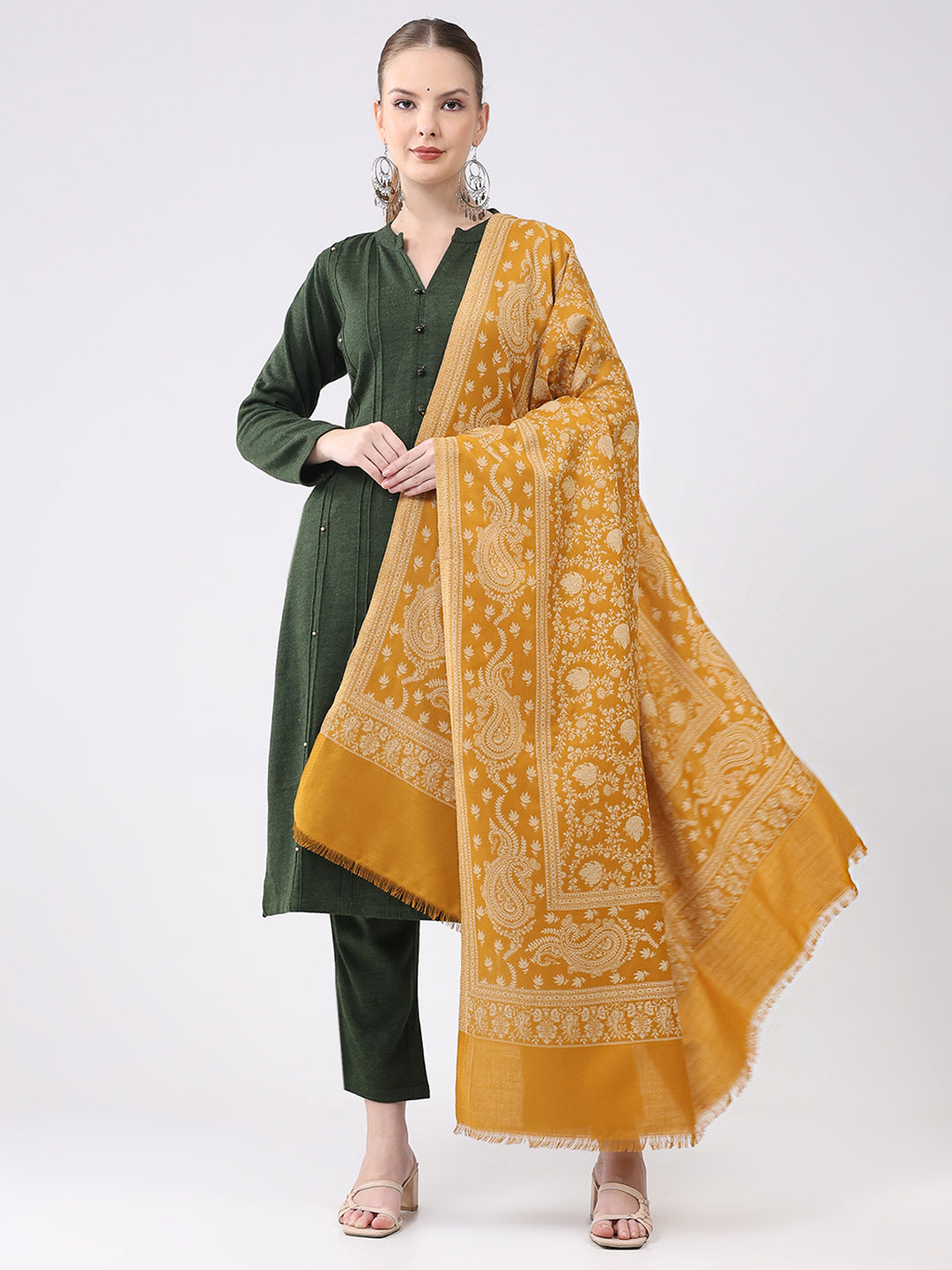 Women Mustard Self Design Wool Shawl