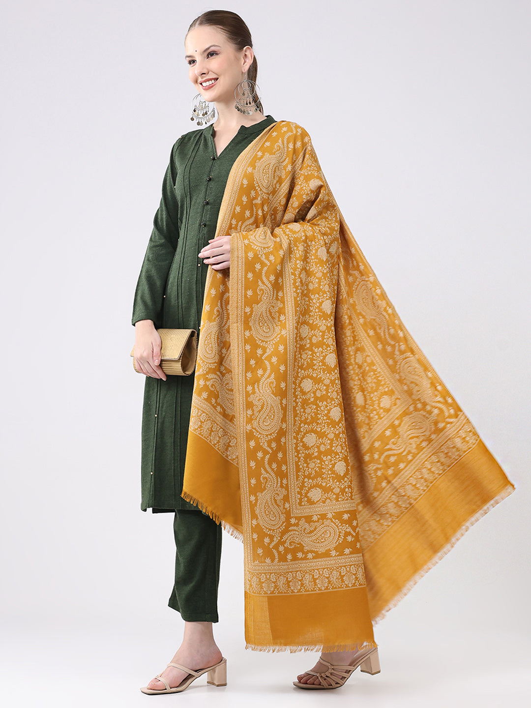 Women Mustard Self Design Wool Shawl