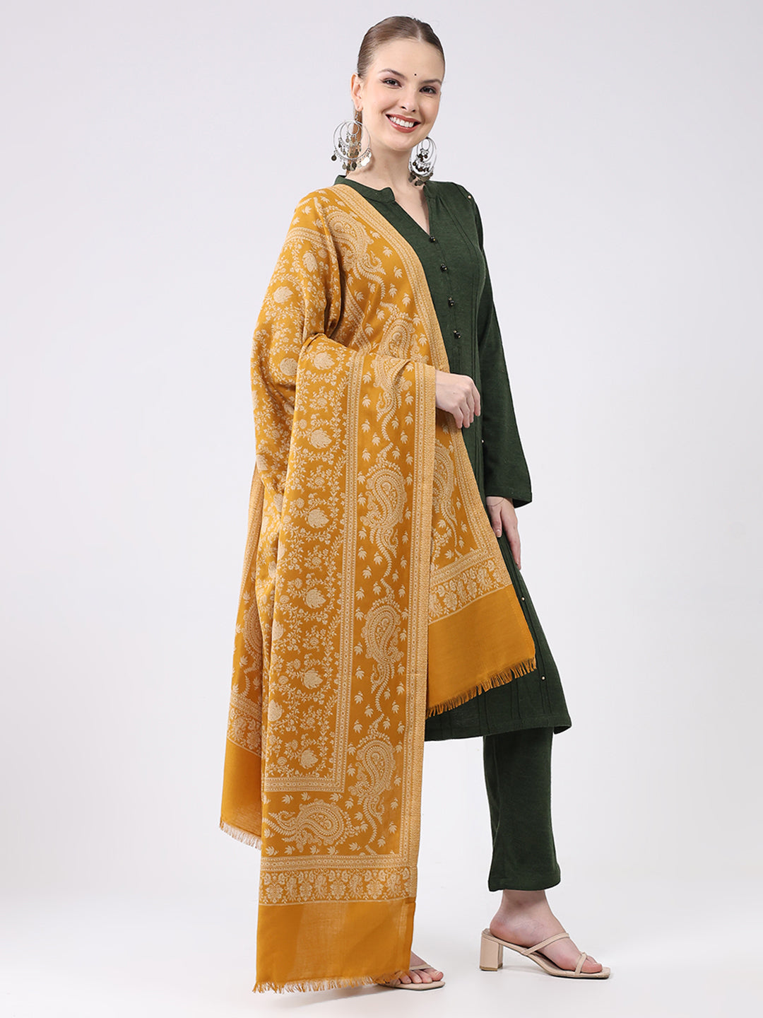 Women Mustard Self Design Wool Shawl