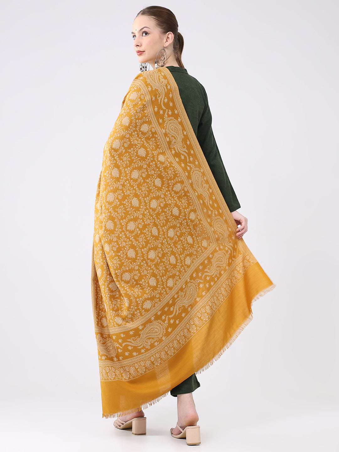 Women Mustard Self Design Wool Shawl