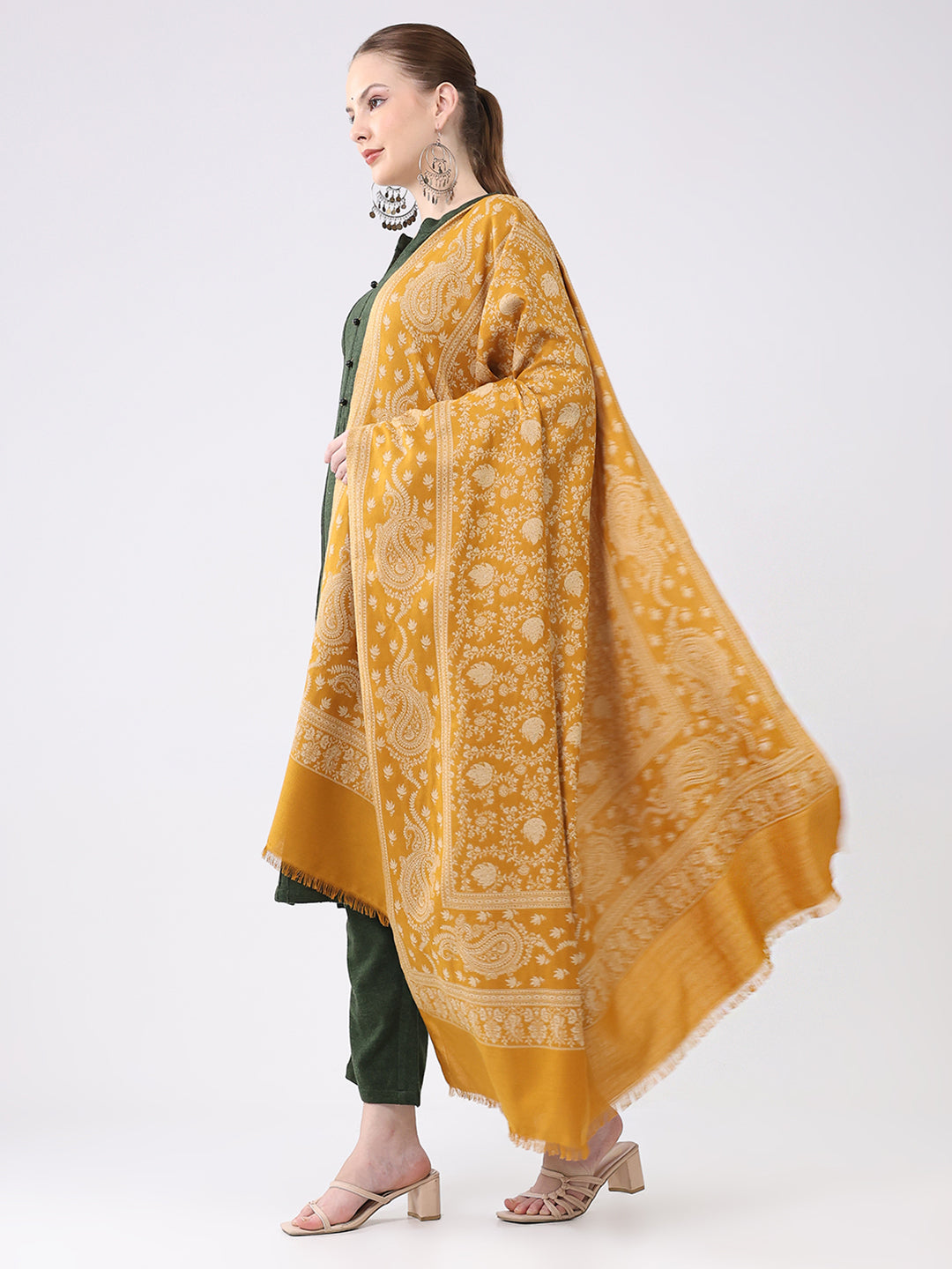 Women Mustard Self Design Wool Shawl