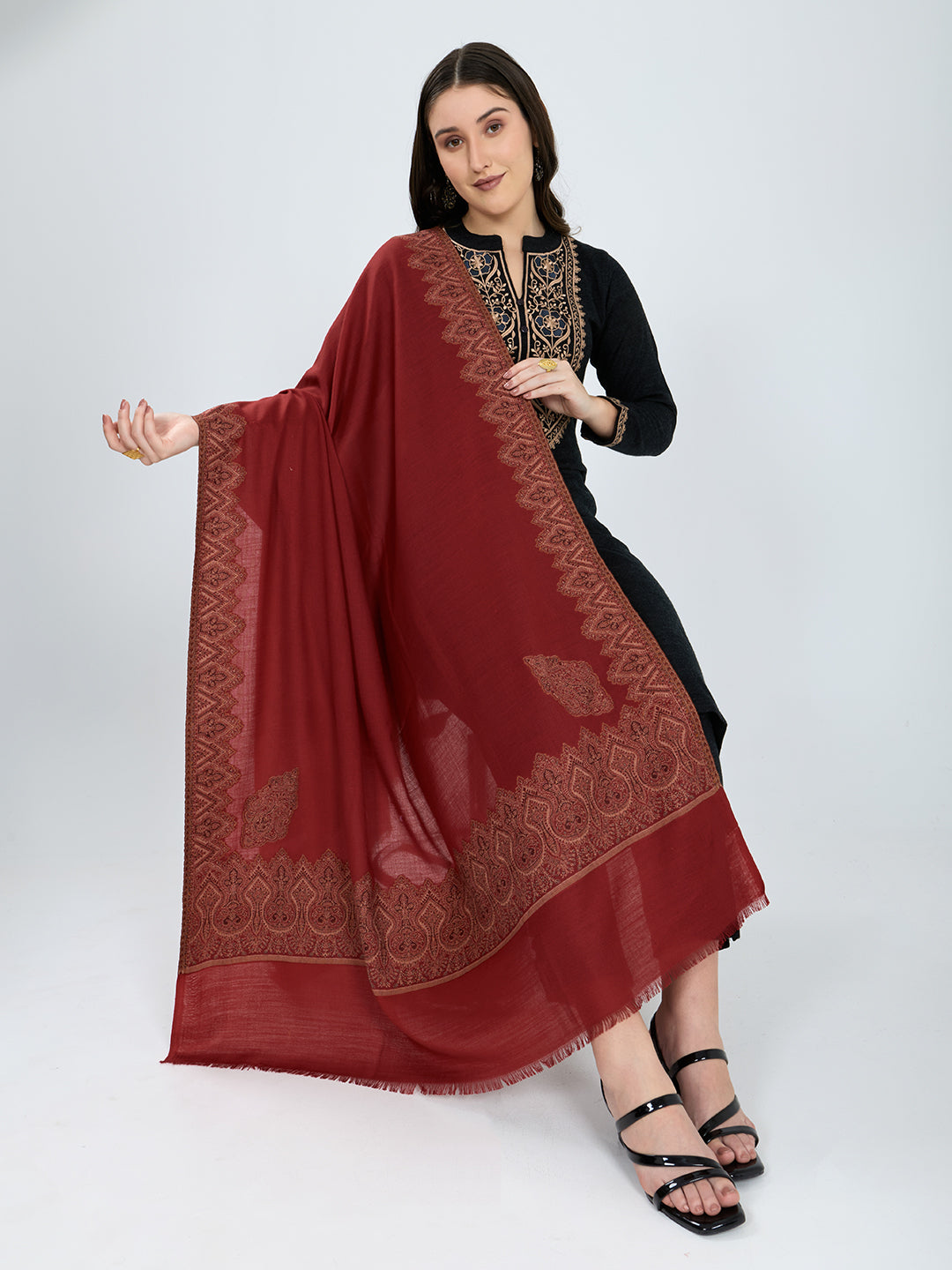 Women Maroon Embroidered Polywool Shawl