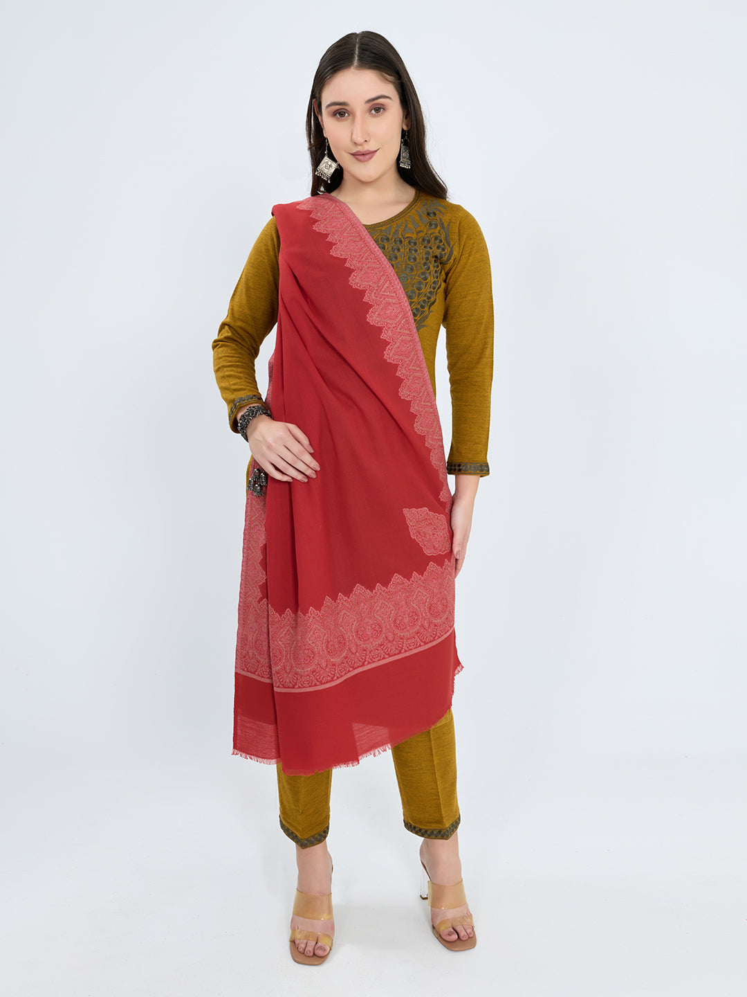 Women Red Embroidered Polywool Shawl