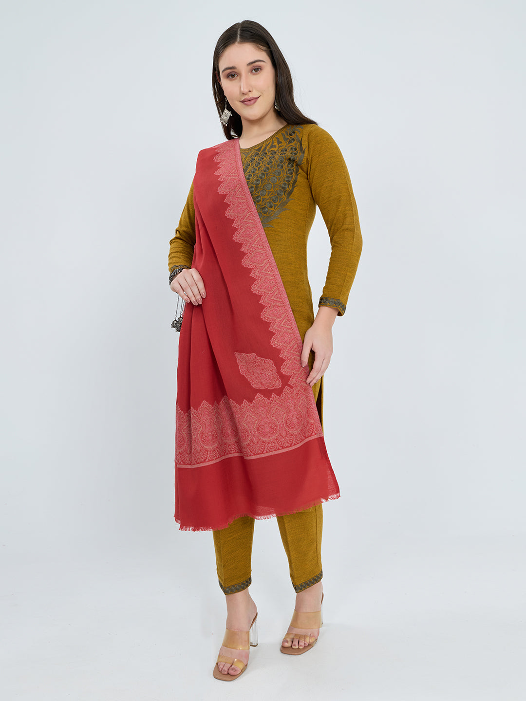 Women Red Embroidered Polywool Shawl